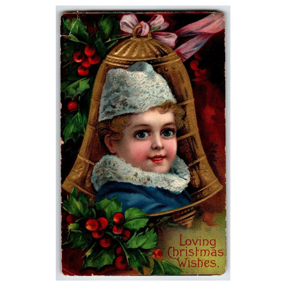 Antique Christmas Postcard Child in Bell Holly Berries Boise ID 1900s Posted